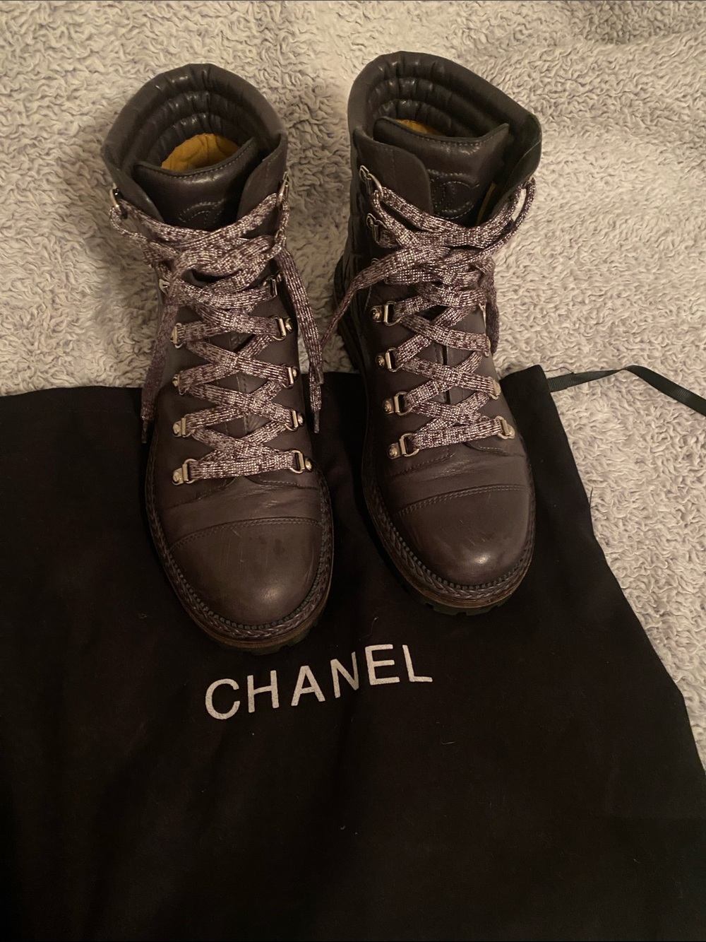 CHANEL Brown Quilted Lace-Up Hiker Boots